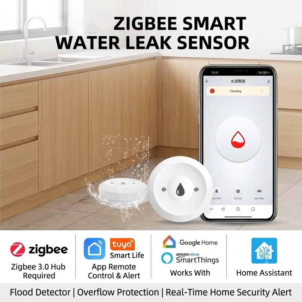 Water Alarm Sensor - เซ็นเซอร์ตรวจจับน้ำรั่วอัจฉริยะ ZigBee 3.0 เครื่องตรวจจับน้ำท่วมไร้สาย สัญญาณเตือนน้ำรั่วและน้ำล้น ระบบความปลอดภัยบ้านอัจฉริยะ